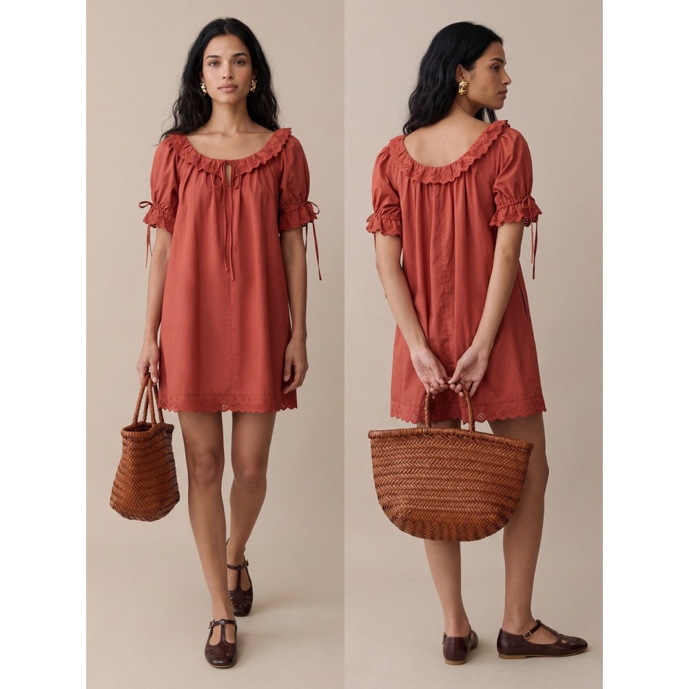 NWT Kourt Juliet Cotton Eyelet Trim Mini Dress in Rust - Size Small